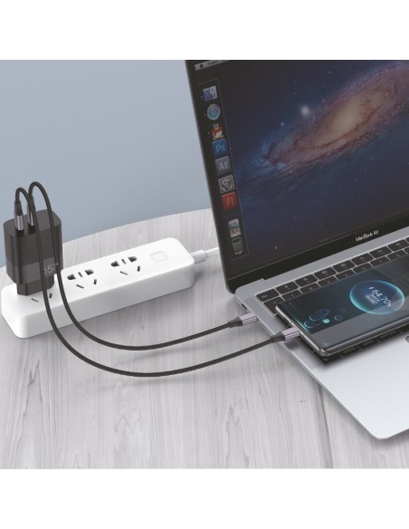 Cargador de red universal ultra rápido PD tipo C + USB COOL (cabeza enchufe 65W + cable tipo C) GaN negro