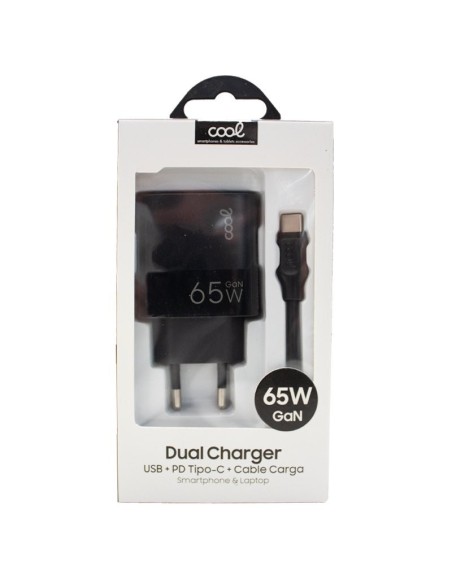 Cargador de red universal ultra rápido PD tipo C + USB COOL (cabeza enchufe 65W + cable tipo C) GaN negro