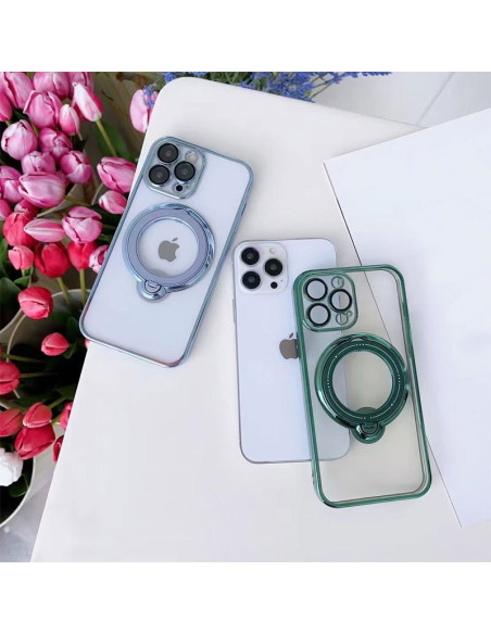 Carcasa TPU transparente iPhone 15 Plus magnética borde metalizado anilla negra