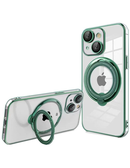 Carcasa TPU transparente iPhone 15 Plus magnética borde metalizado anilla verde