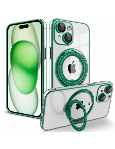 Carcasa TPU transparente iPhone 15 Plus magnética borde metalizado anilla verde