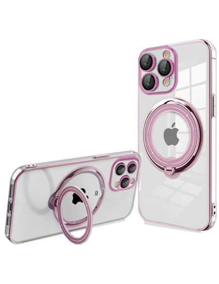 Carcasa TPU transparente iPhone 15 Pro magnética borde metalizado anilla rosa