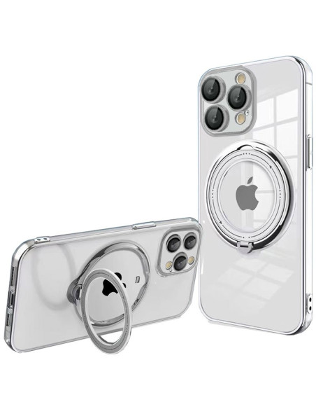 Carcasa TPU transparente iPhone 15 Pro magnética borde metalizado anilla plata