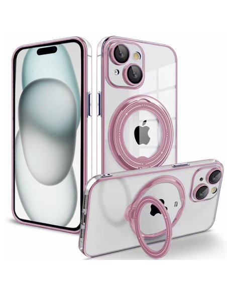 Carcasa TPU transparente iPhone 15 magnética borde metalizado anilla rosa