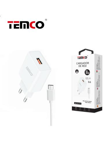 Cargador de red USB 18W + cable tipo C universal 3 A juego 2 en 1 blanco