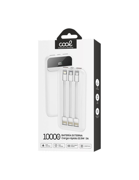 Batería externa universal Power Bank 10.000 mAh carga rápida 22.5W (3 cables) blanca