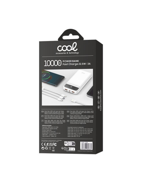 Batería externa universal Power Bank 10.000 mAh carga rápida 22.5W (3 cables) blanca