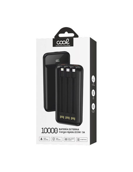 Batería externa universal Power Bank 10.000 mAh carga rápida 22.5W (3 cables) negra