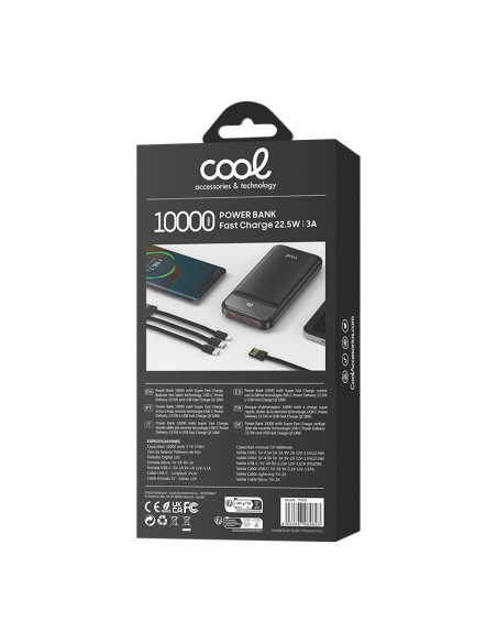 Batería externa universal Power Bank 10.000 mAh carga rápida 22.5W (3 cables) negra