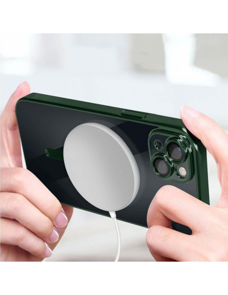 Carcasa TPU transparente iPhone 15 magnética borde verde