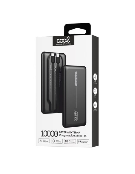 Batería externa universal Power Bank 10.000 mAh PD 22,5 W (2 cables) negra