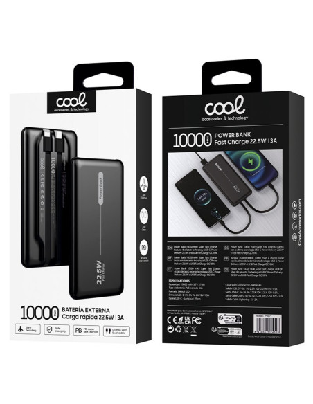 Batería externa universal Power Bank 10.000 mAh PD 22,5 W (2 cables) negra