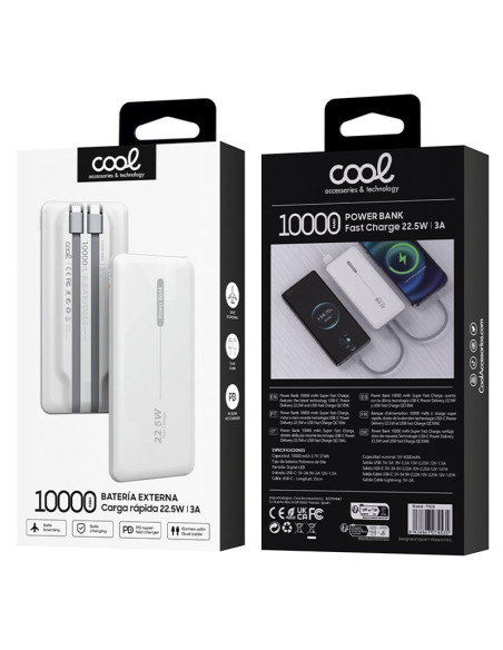 Batería externa universal Power Bank 10.000 mAh PD 22,5 W (2 cables) blanca