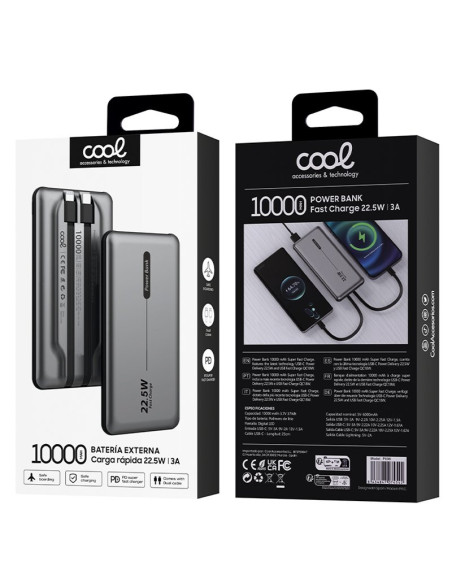 Batería externa universal Power Bank 10.000 mAh PD 22,5 W (2 cables) gris