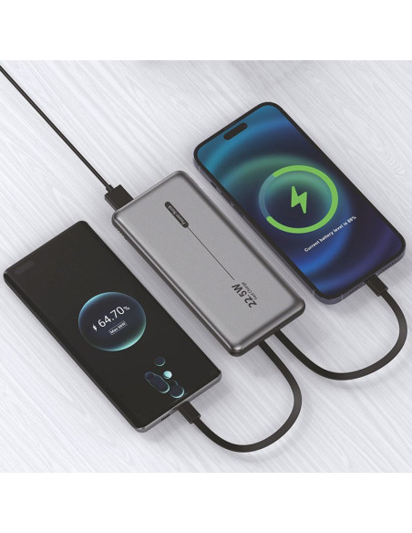 Batería externa universal Power Bank 10.000 mAh PD 22,5 W (2 cables) gris