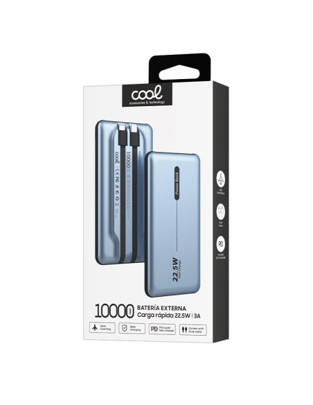 Batería externa universal Power Bank 10.000 mAh PD 22,5 W (2 cables) azul