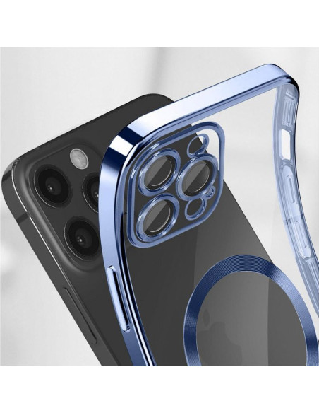 Carcasa TPU transparente iPhone 16 Pro magnética borde azul celeste