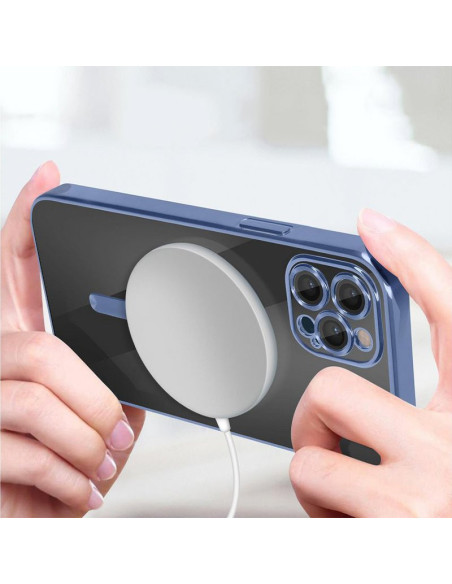 Carcasa TPU transparente iPhone 16 Pro magnética borde azul celeste