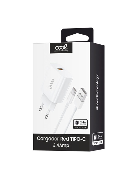 Cargador red conector tipo C (2,4 Amp) universal COOL lote 2 en 1 blanco