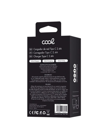 Cargador red conector tipo C (2,4 Amp) universal COOL lote 2 en 1 blanco